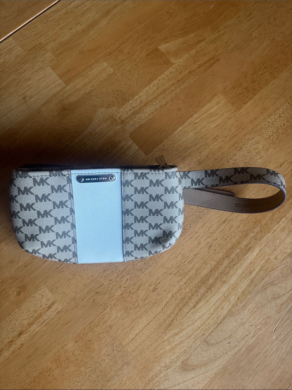Michael Kors Zippered Belt Bag Fanny Pack Tan Logo w/ White Stripe